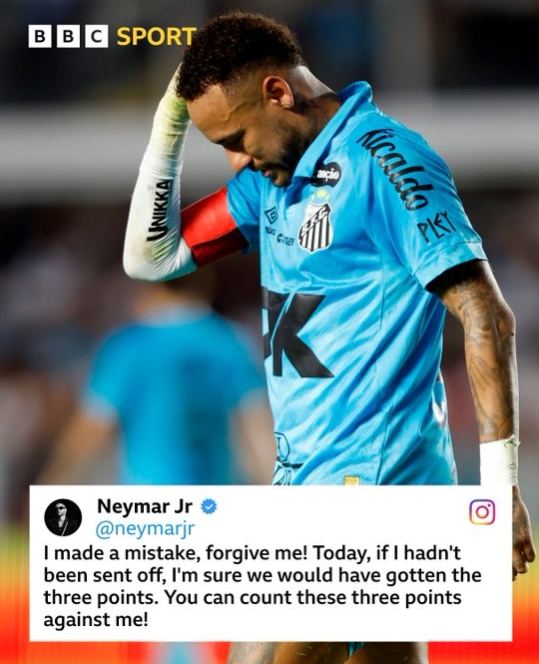 内马尔致歉：若我没有被罚下场，球队可以赢下比赛